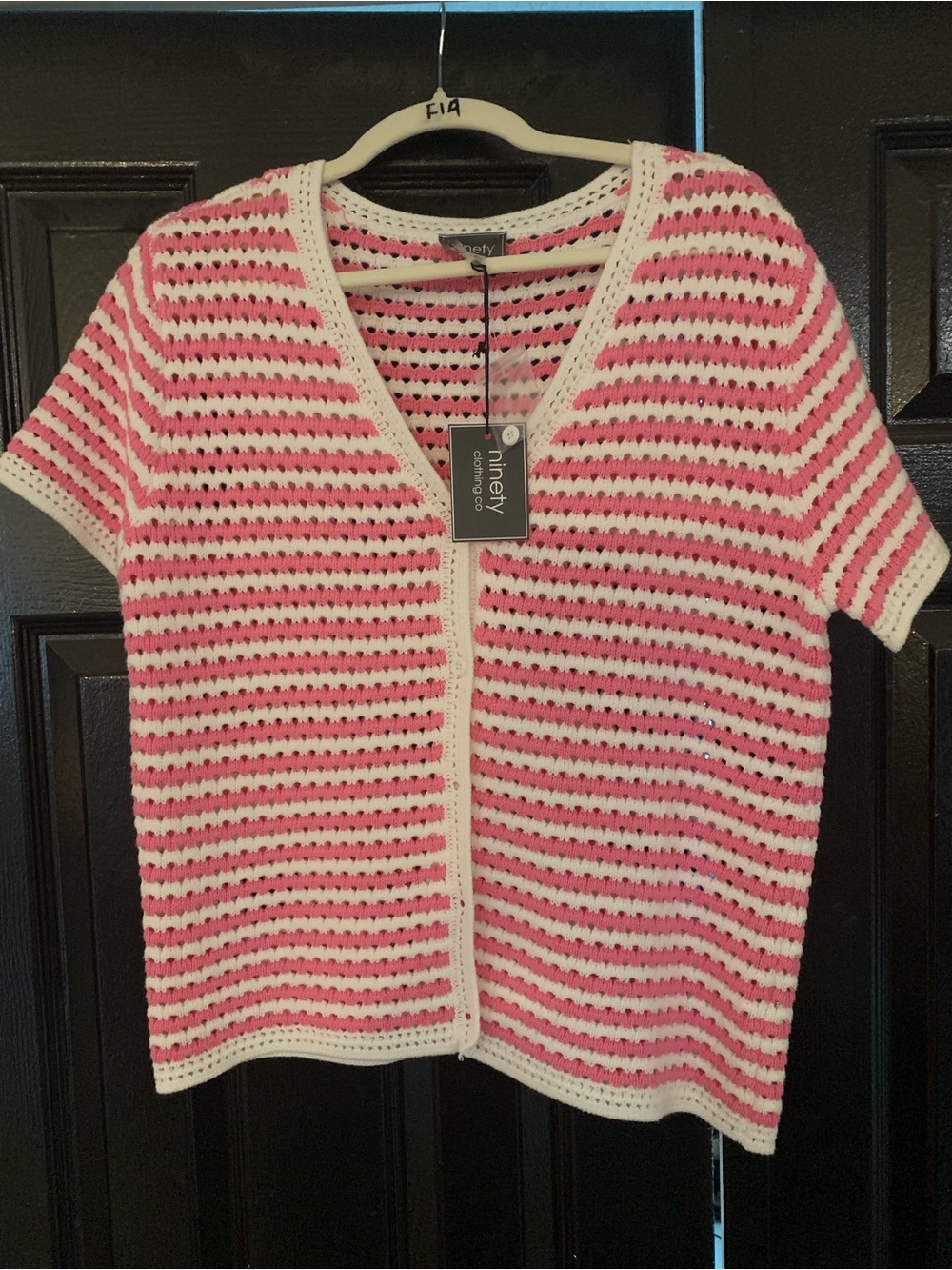 Ninety Clothing Co.  Crochet Stripe Open Cardigan - Pink & White